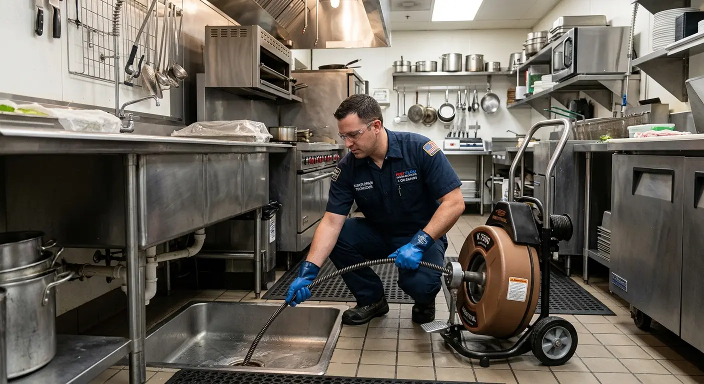 Commercial drain cleaning service in a restaurant kitchen in Renton