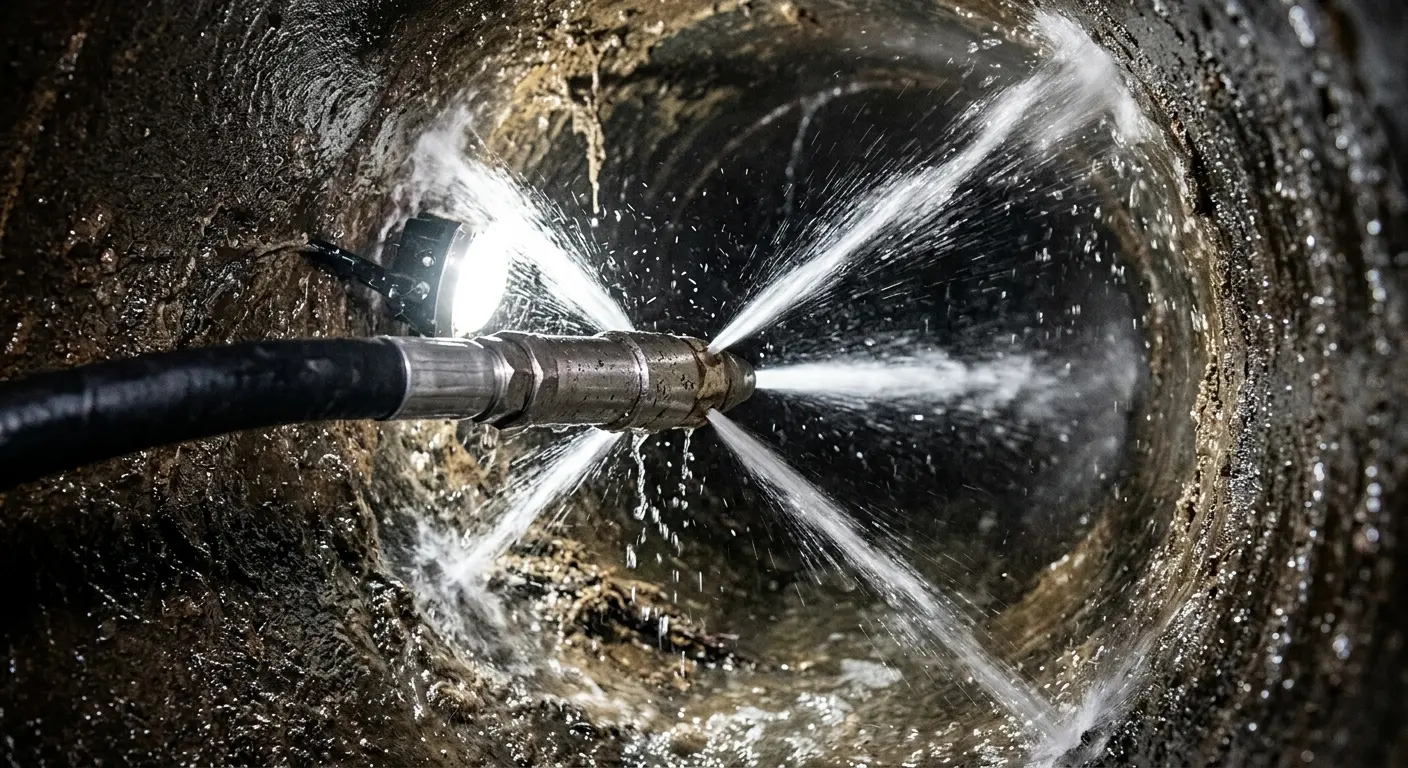 High-pressure hydro jetting nozzle cleaning sewer pipe for Emergency Drain Service in Renton