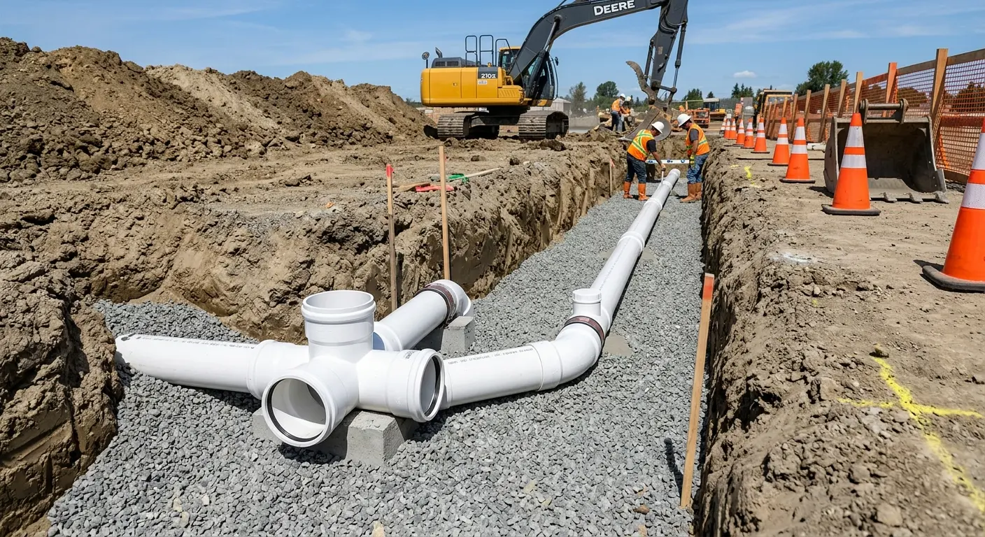 New PVC sewer pipe installation in open trench for Commercial Drain Cleaning in Renton