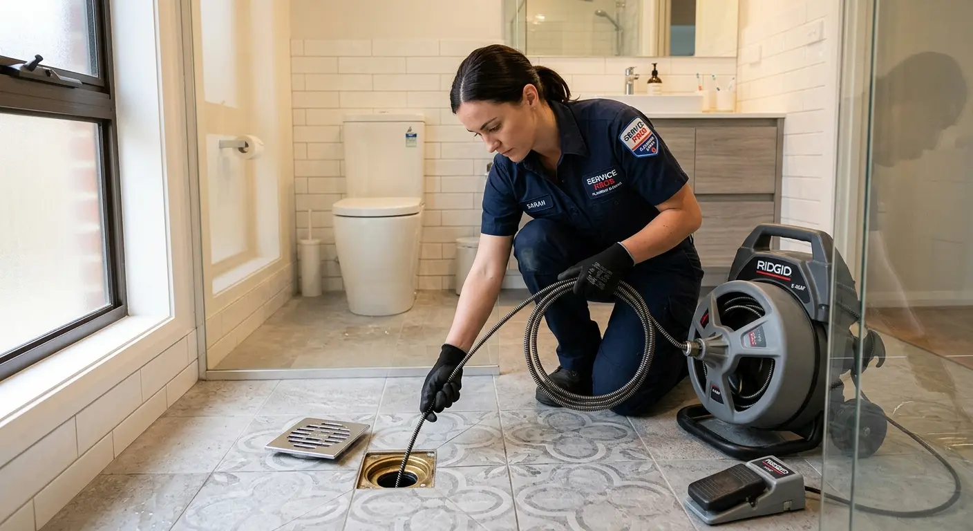 Technician clearing a bathroom floor drain for Hydro Jetting in Renton